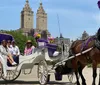 Tourists are enjoying a carriage ride in a park with a city skyline in the background