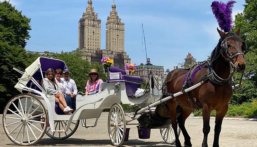 Tourists are enjoying a carriage ride in a park with a city skyline in the background