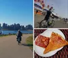 People are enjoying various outdoor activities along a riverside path with a city skyline in the background