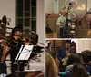 A man in a hat plays the trombone alongside other musicians in what appears to be a live jazz ensemble performance