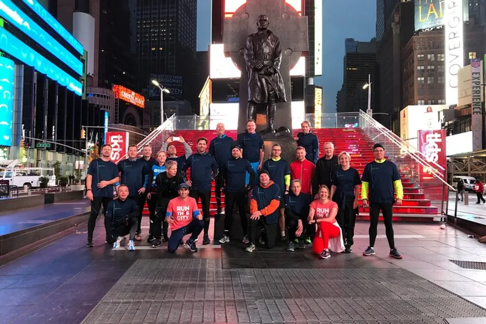 A group of people pose for a photo in Times Square New York City with brightly lit billboards in the background and a statue in the center