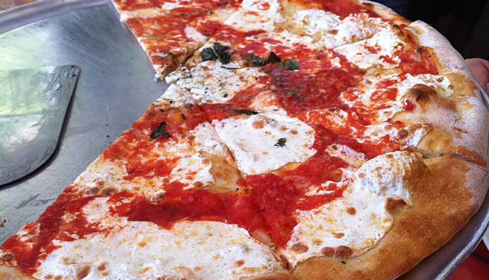 A large freshly baked pizza with tomato sauce and chunks of melted mozzarella cheese is being served on a metal tray