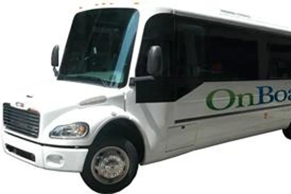 The image shows a white shuttle bus with the word OnBoard printed on the side