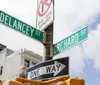 The image shows street signs at the intersection of Delancey Street and Orchard Street with a No Parking sign and a One Way sign attached to a traffic light pole against a partly cloudy sky
