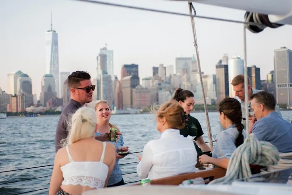 A group of people is enjoying a social gathering on a sailboat with a view of a city skyline in the background