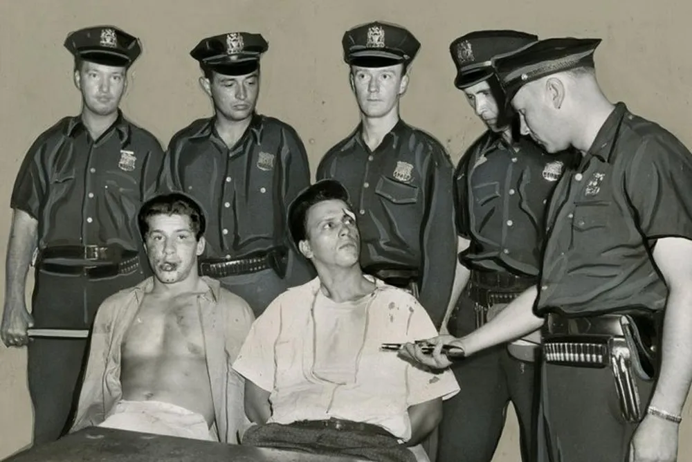 The image shows a group of uniformed officers standing around a shirtless injured man seated at a table with one officer holding a device to the mans chest capturing a moment that suggests tension or confrontation