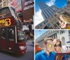 A tour guide is assisting tourists with a map beside a Big Bus New York tour bus with Times Square in the background