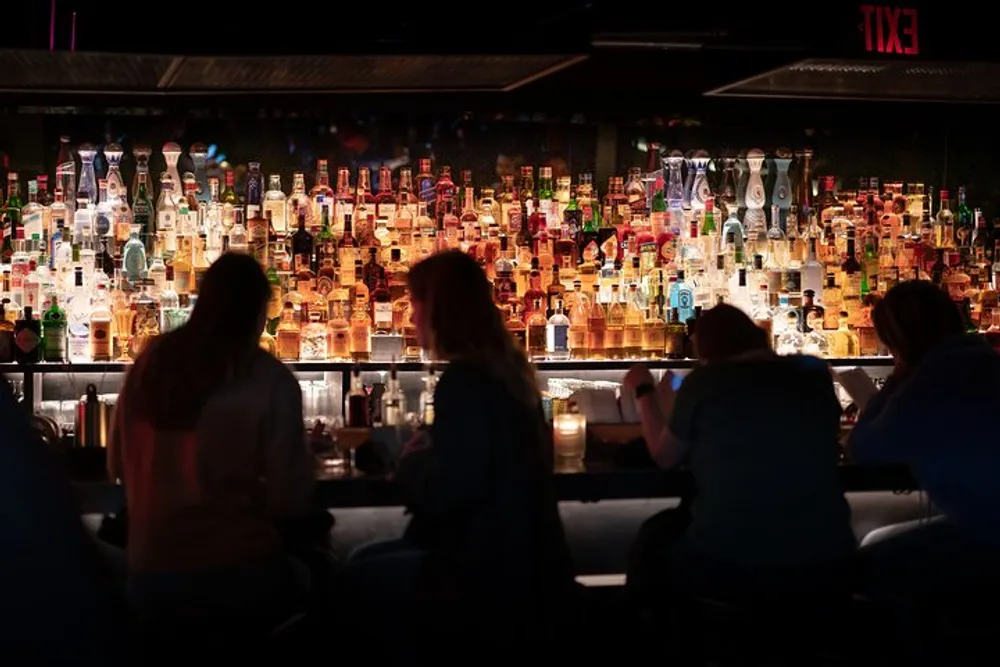 People are sitting at a bar with a backlit display of various bottles of alcohol