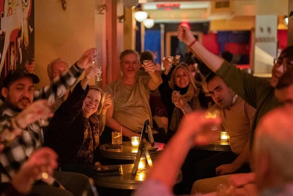 A group of people are joyfully toasting with drinks in a warmly lit bar or restaurant setting