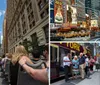 Tourists on an open-top bus tour are seen capturing photos of cityscapes and skyscrapers on a sunny day