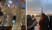 The image displays two separate scenes, one showing the interior of a cathedral with tall arches and stained glass windows, and the other depicting people taking photographs of the Statue of Liberty at sunset.