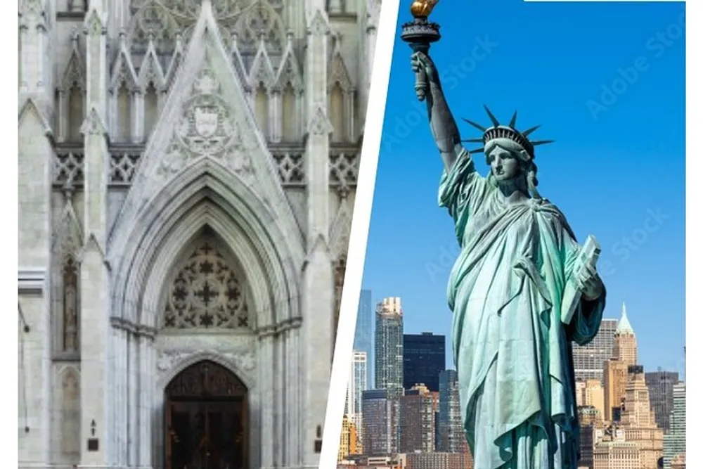 The image is a split-screen with the left side showing a detailed view of a gothic cathedrals entrance and the right side featuring the Statue of Liberty in front of the New York City skyline