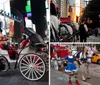 A horse-drawn carriage is navigating through a bustling Times Square lit by colorful billboards and signs at dusk