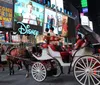 A horse-drawn carriage is navigating through a bustling Times Square lit by colorful billboards and signs at dusk