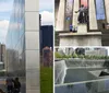 The image shows visitors at a reflective memorial with a weathered metal beam in the foreground and a cityscape in the background