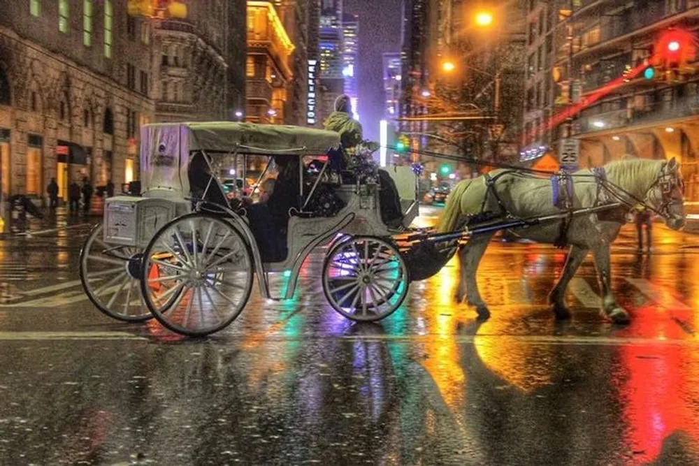 A horse-drawn carriage with illuminated wheels is moving through a wet urban street at night reflecting city lights