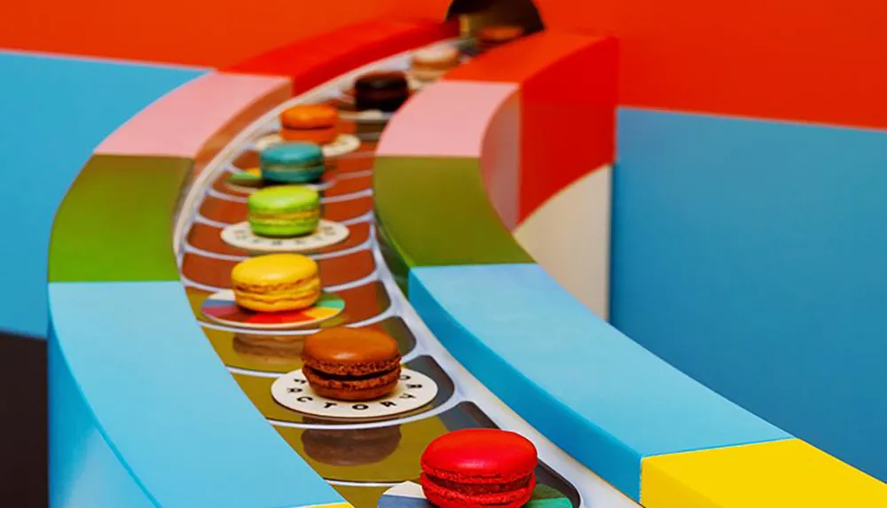 The image shows an array of colorful macarons arranged on a spiraling multicolored geometric structure creating a visually striking composition