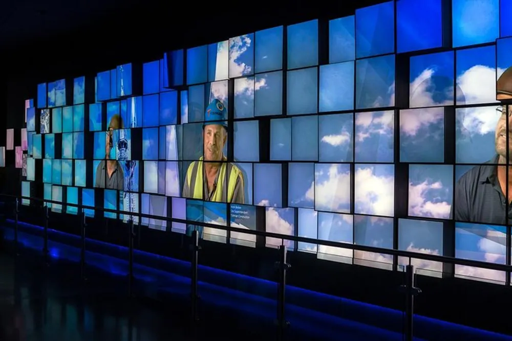 The image shows a wall of video screens arranged to form a larger display showing parts of different individuals set against a backdrop of a blue sky with clouds
