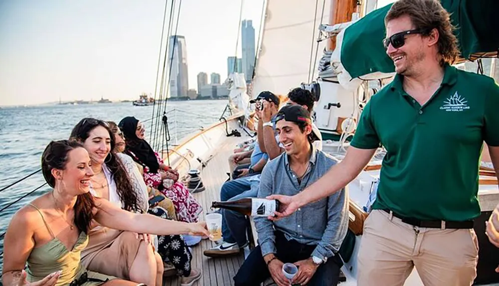 A group of people are enjoying a social gathering on a sailboat with a city skyline in the background