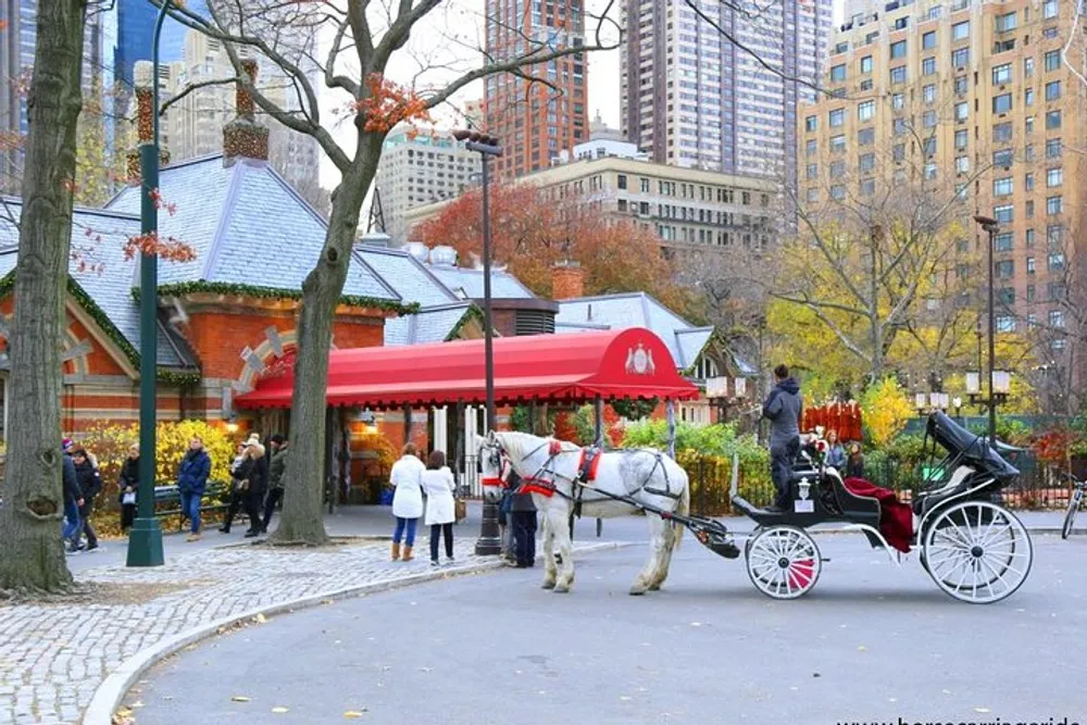 A horse-drawn carriage waits beside a cobblestone path near a park with people milling about and high-rise buildings in the background