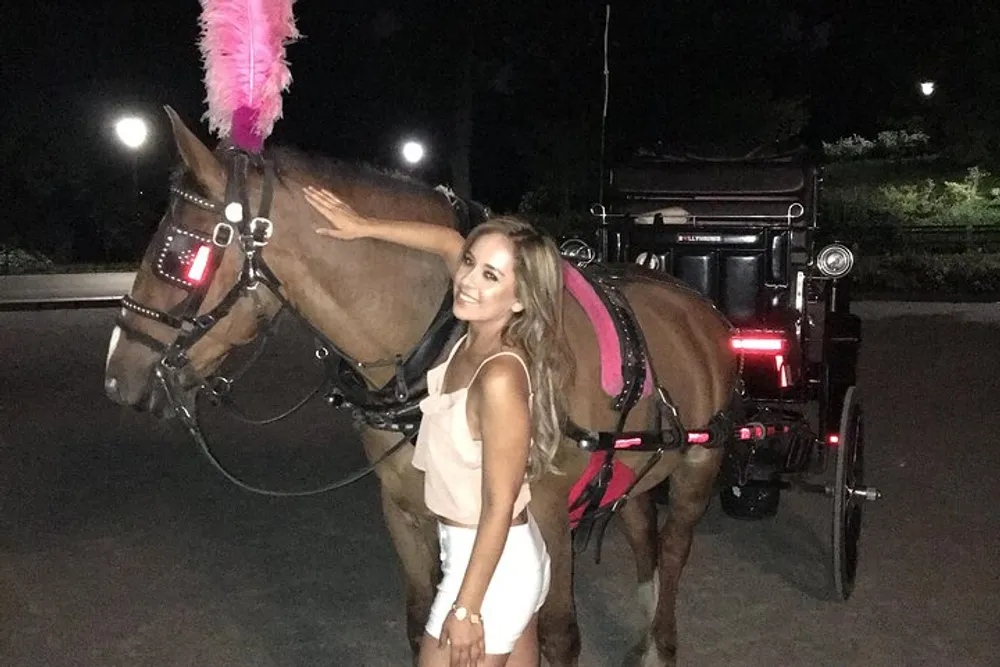 A smiling person is standing next to a horse hitched to a carriage both illuminated by a soft light against a dark background