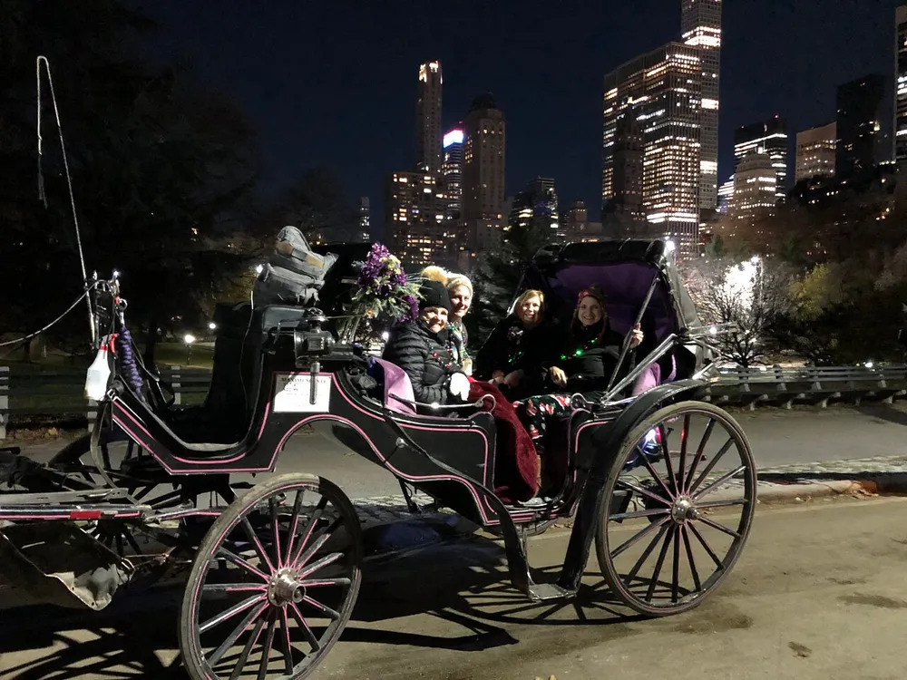 A horse-drawn carriage carrying passengers is stationed on a path with a vibrant city skyline illuminated in the background at night