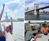 Two people are smiling for a selfie with the Statue of Liberty in the background while one person playfully pretends to touch the statue with their finger