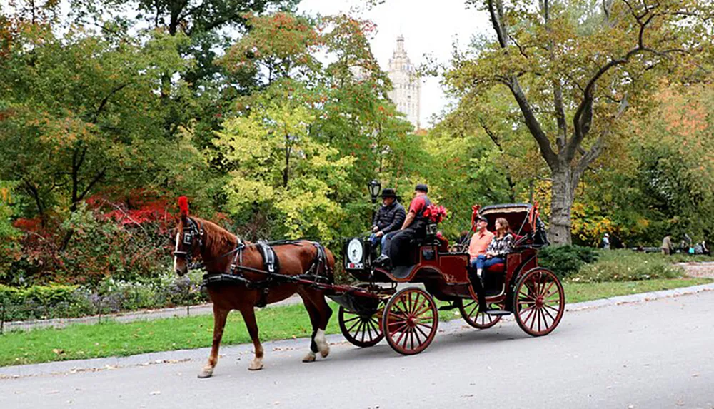 A horse-drawn carriage with passengers is going through an autumnal park setting with colorful foliage and a tall building in the background