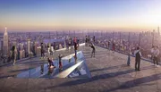 This image shows people enjoying a panoramic view of a city skyline from a high observation deck with glass floor panels.