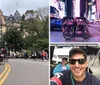 A group of smiling people is enjoying a ride in pedicabs on a sunny city street