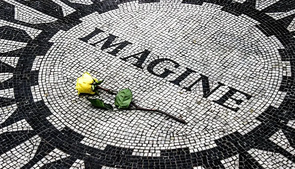 The image features a circular black and white mosaic with the word IMAGINE at its center and a single yellow rose with green leaves placed atop it