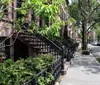 The image shows a tree-lined urban street with classic brownstone townhouses featuring stoops with wrought-iron railings lush greenery and a clear blue sky peeking through the foliage