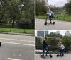 Two people are riding electric scooters along a path with greenery in the background