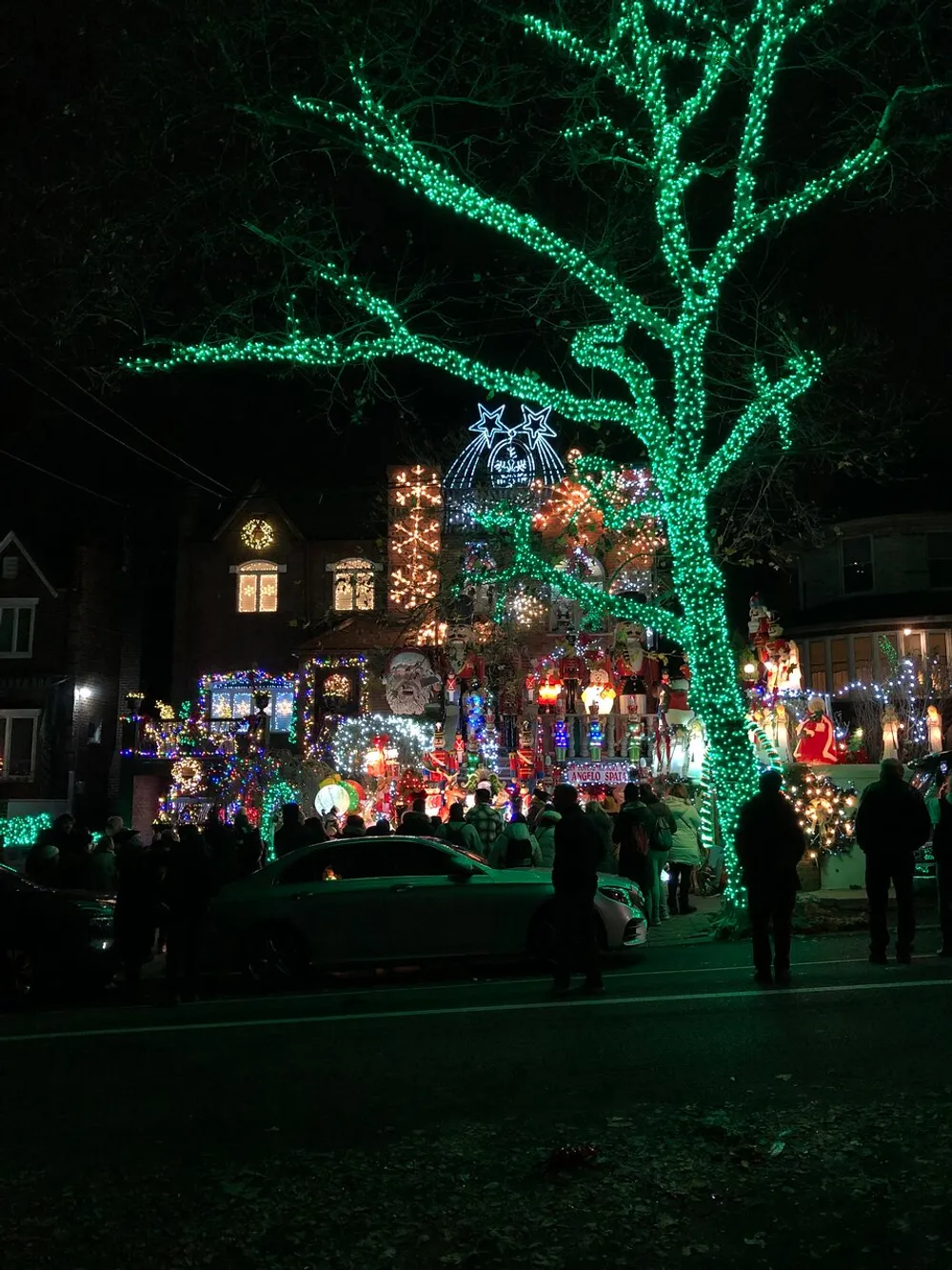 The image captures a vibrant scene of people gathered on a street at night to view a house and tree elaborately decorated with festive Christmas lights