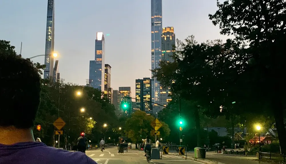 A person is viewing a cityscape with illuminated buildings at twilight from a park with pedestrians and cyclists nearby