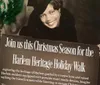 The image features a promotional poster for the Harlem Heritage Holiday Walk inviting people to join a Christmas season event that explores the heritage of Harlem