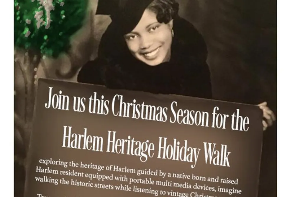The image features a promotional poster for the Harlem Heritage Holiday Walk inviting people to join a Christmas season event that explores the heritage of Harlem