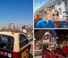 Tourists enjoy a guided bus tour with a view of the Manhattan skyline and Brooklyn Bridge under a clear blue sky