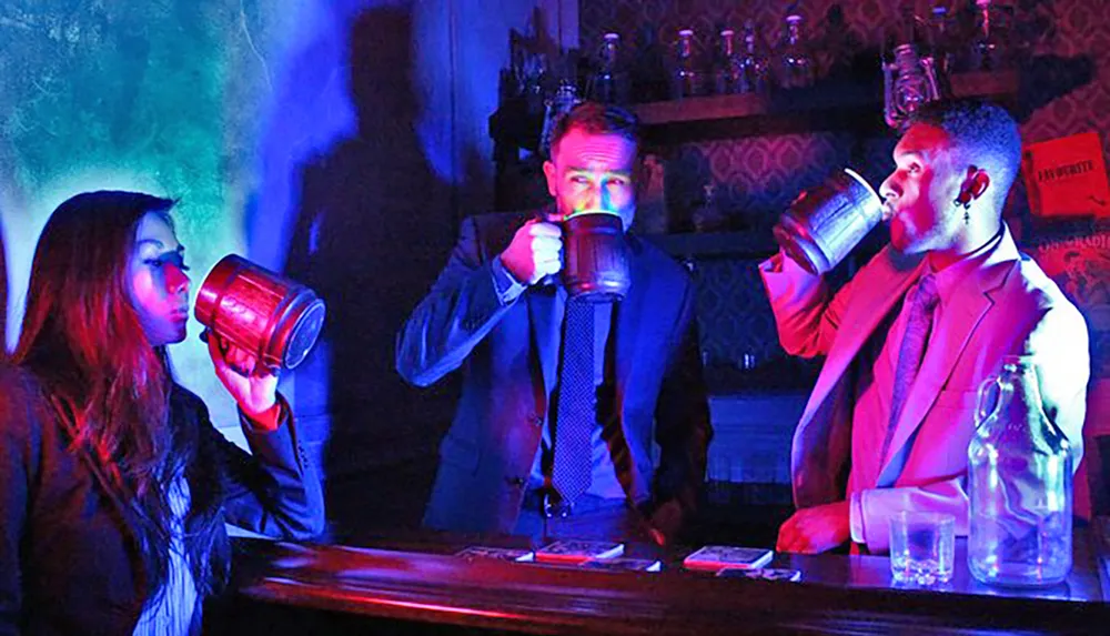 Three individuals are drinking from large mugs in a dimly lit bar with a colorful moody atmosphere