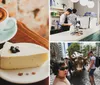 A cup of latte with heart-shaped latte art is served beside a slice of cheesecake on a wooden table accompanied by a small bouquet of flowers and a fork