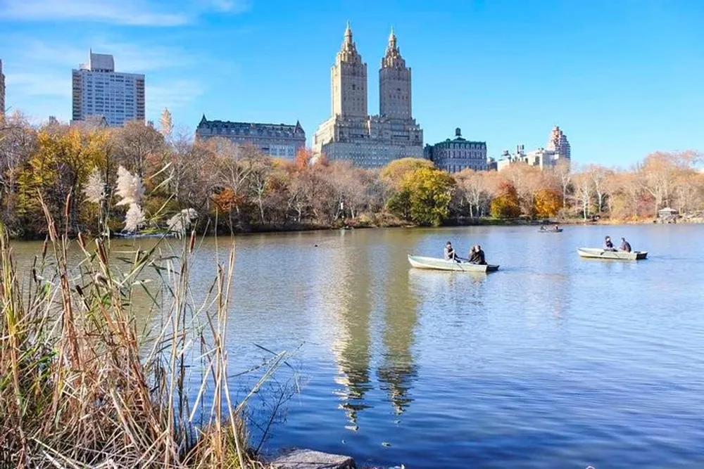 The image depicts a clear day at a tranquil lake with people rowing boats with a backdrop of tall buildings likely within an urban park setting