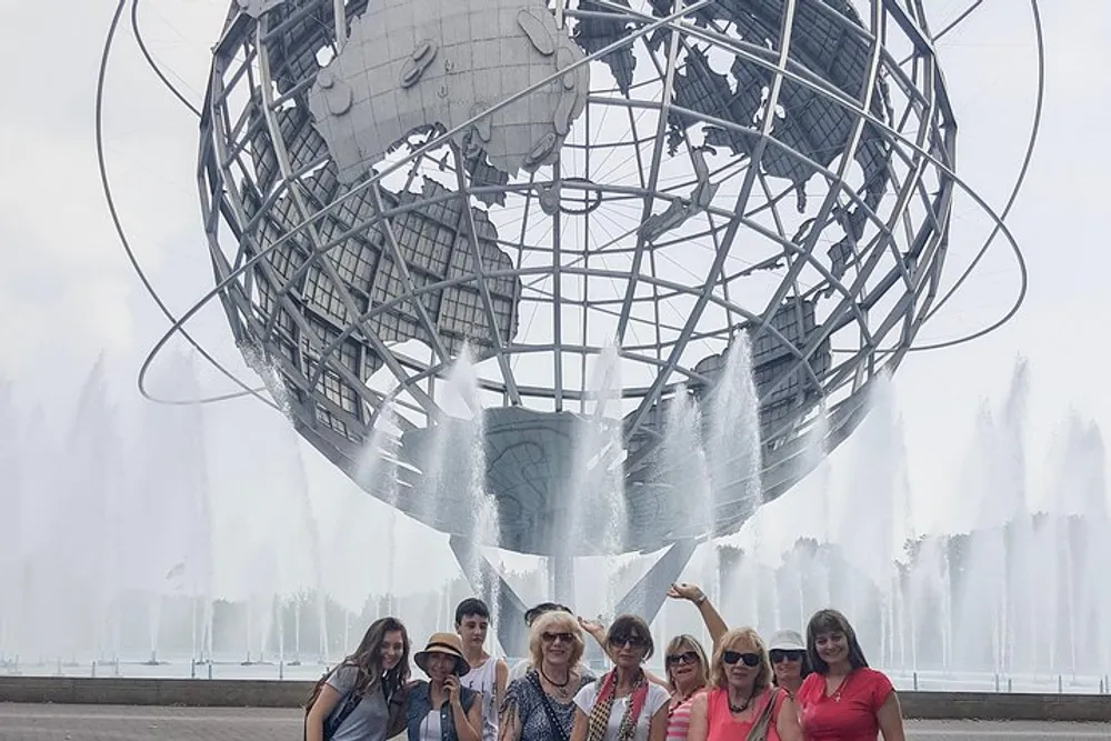 A group of people is posing for a photo in front of the Unisphere a spherical stainless steel representation of the Earth located at Flushing Meadows-Corona Park in Queens New York City