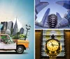 The image shows a whimsical montage of famous landmarks from around the world protruding from the back of a classic yellow taxi cab adorned with vibrant flower boxes set against a sky-blue background