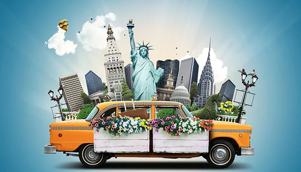 The image shows a whimsical montage of famous landmarks from around the world protruding from the back of a classic yellow taxi cab adorned with vibrant flower boxes set against a sky-blue background