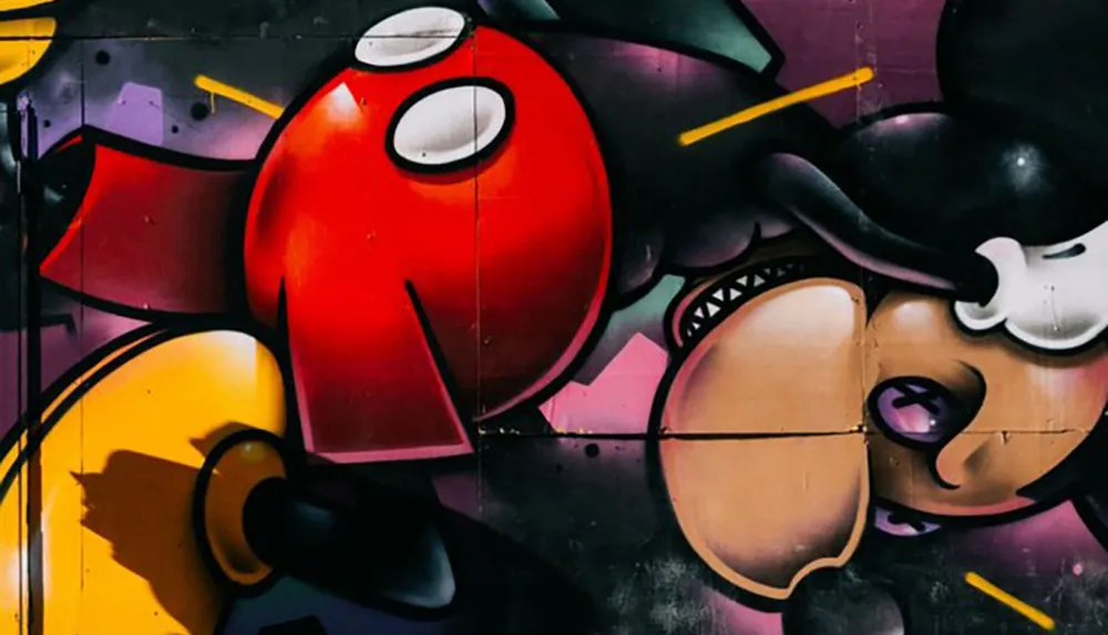 The image shows a colorful piece of street art featuring a stylized cartoon-like character with prominent red and yellow elements in a painterly composition